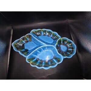 Vintage MCM California Pottery G434 Blue Green Peacock Divided Serving Leaf Dish